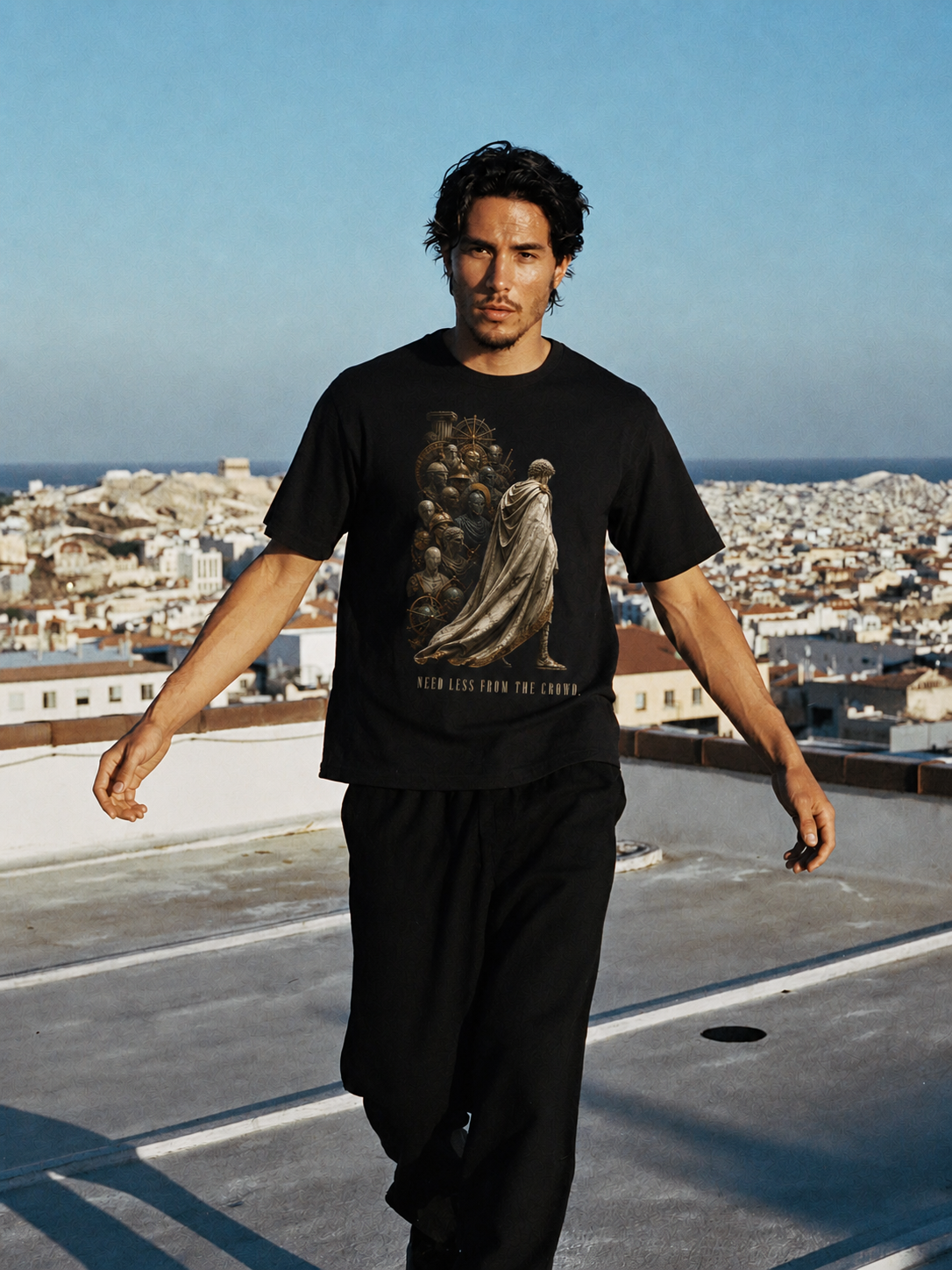 Antisthenes Self-Sufficiency black T-shirt — male Athens lifestyle shot 02