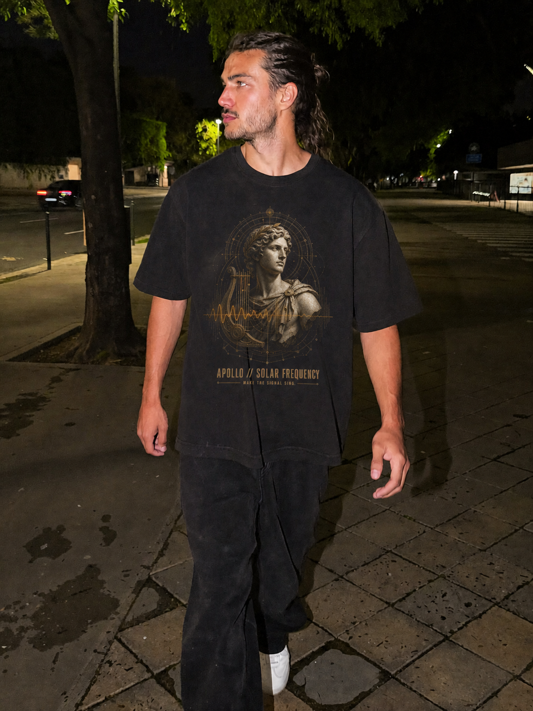 Apollo Solar Frequency black T-shirt — male Athens lifestyle shot 02