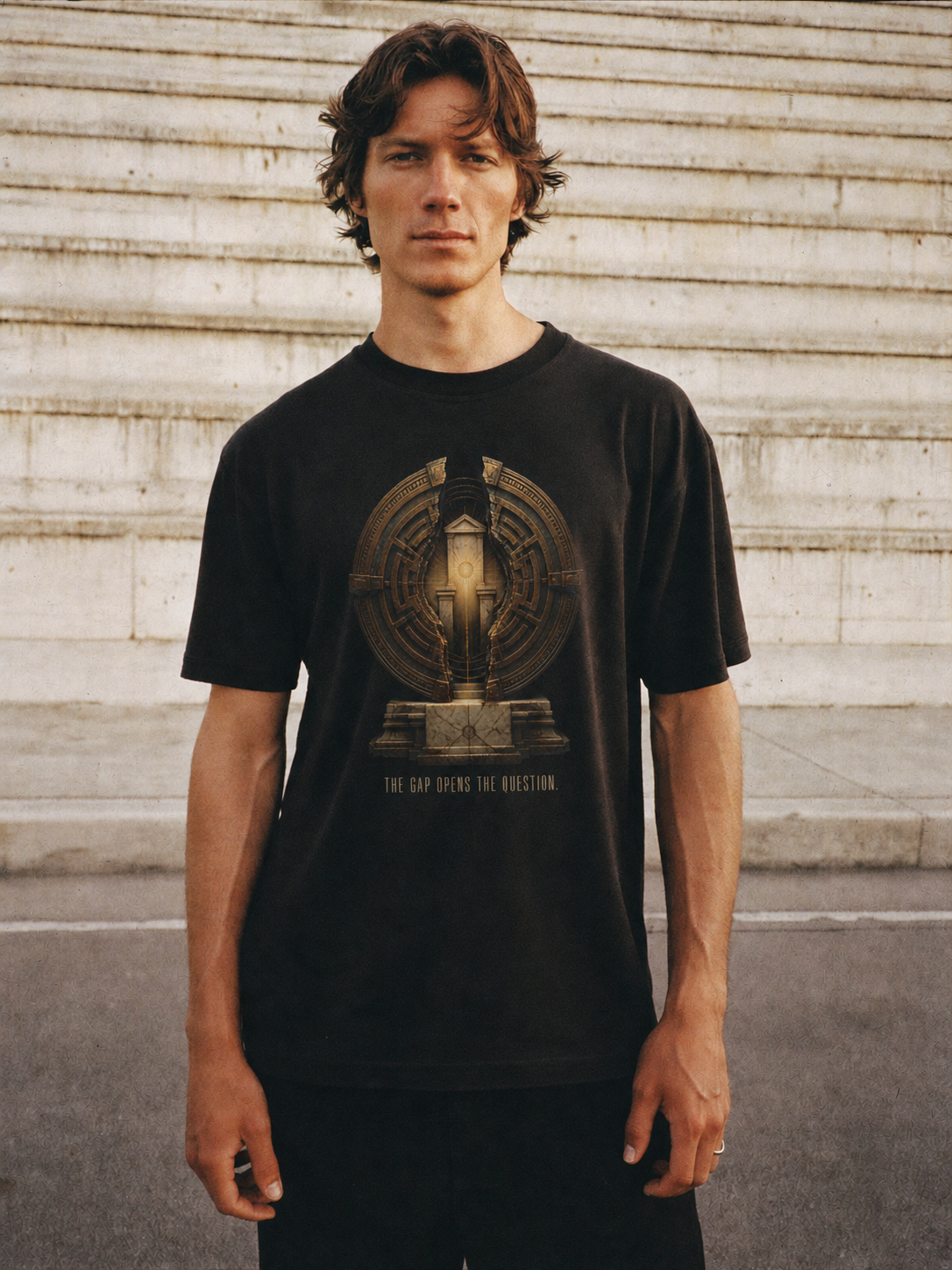 Aporia Productive Doubt black T-shirt — male Athens lifestyle shot 02
