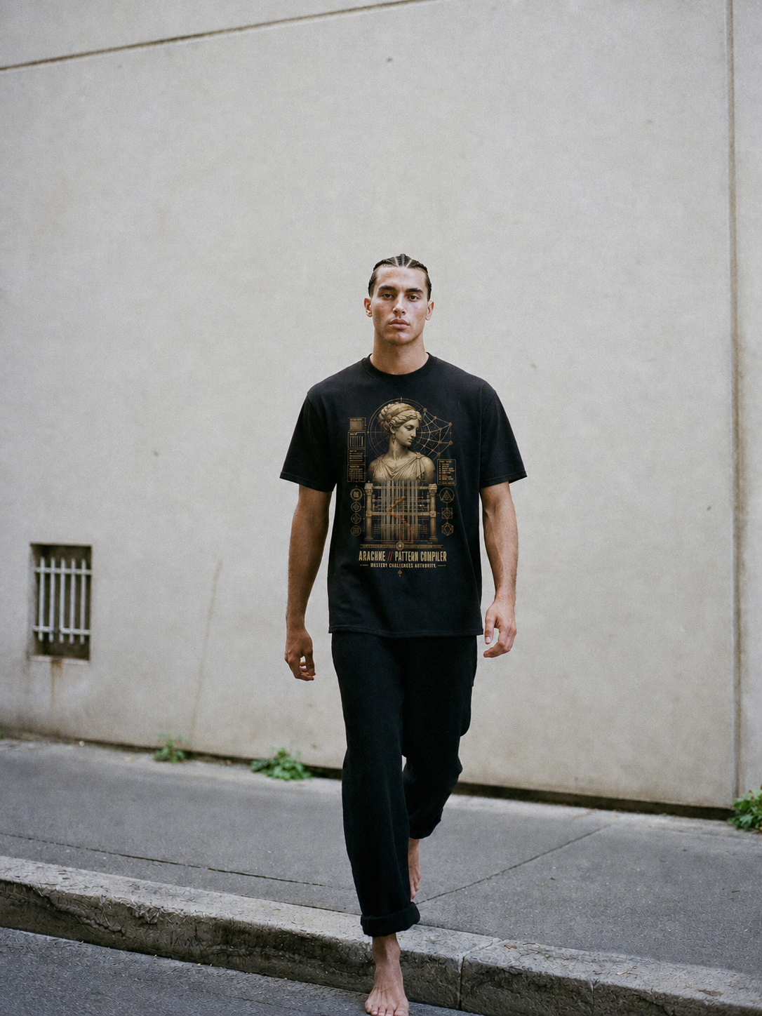 Arachne Pattern Compiler black T-shirt — male Athens lifestyle shot 02