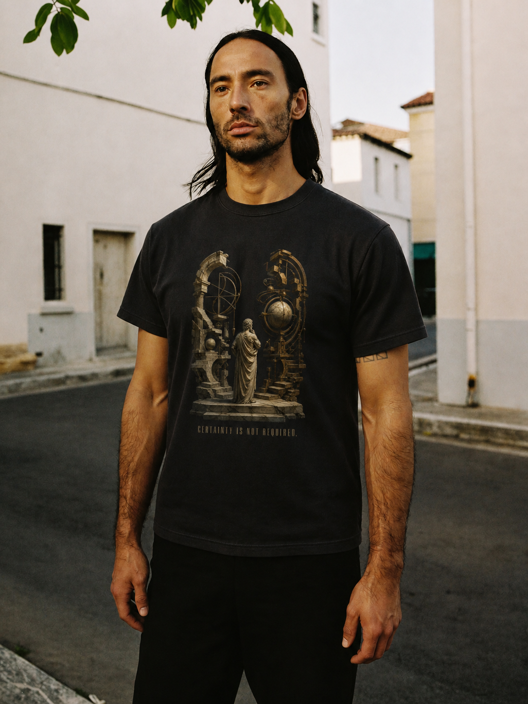 Arcesilaus Open Inquiry black T-shirt — male Athens lifestyle shot 02