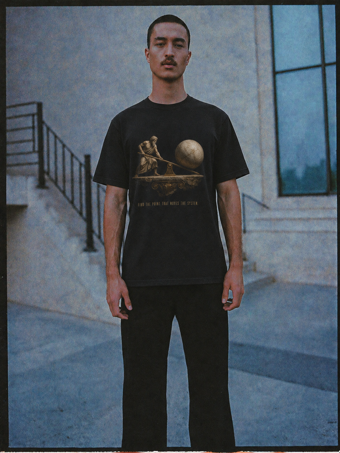Archimedes Leverage Principle T-Shirt — male lifestyle scene 2 in Athens