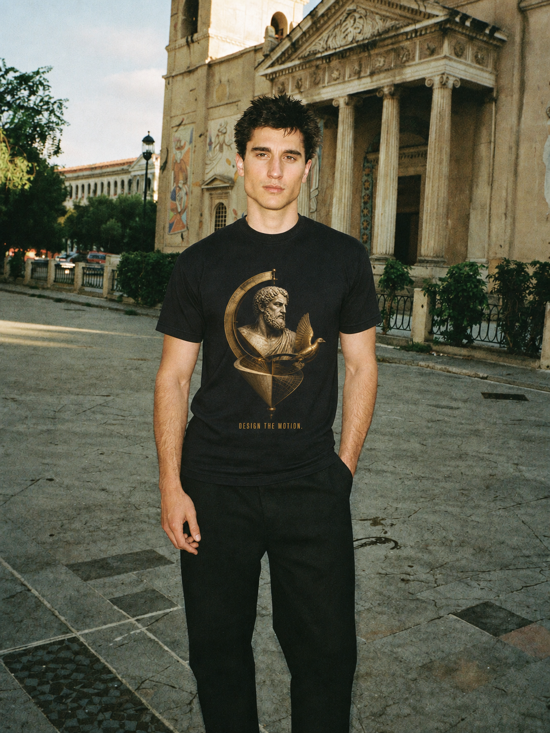 Archytas Motion Geometry T-Shirt — male lifestyle scene 2 in Athens