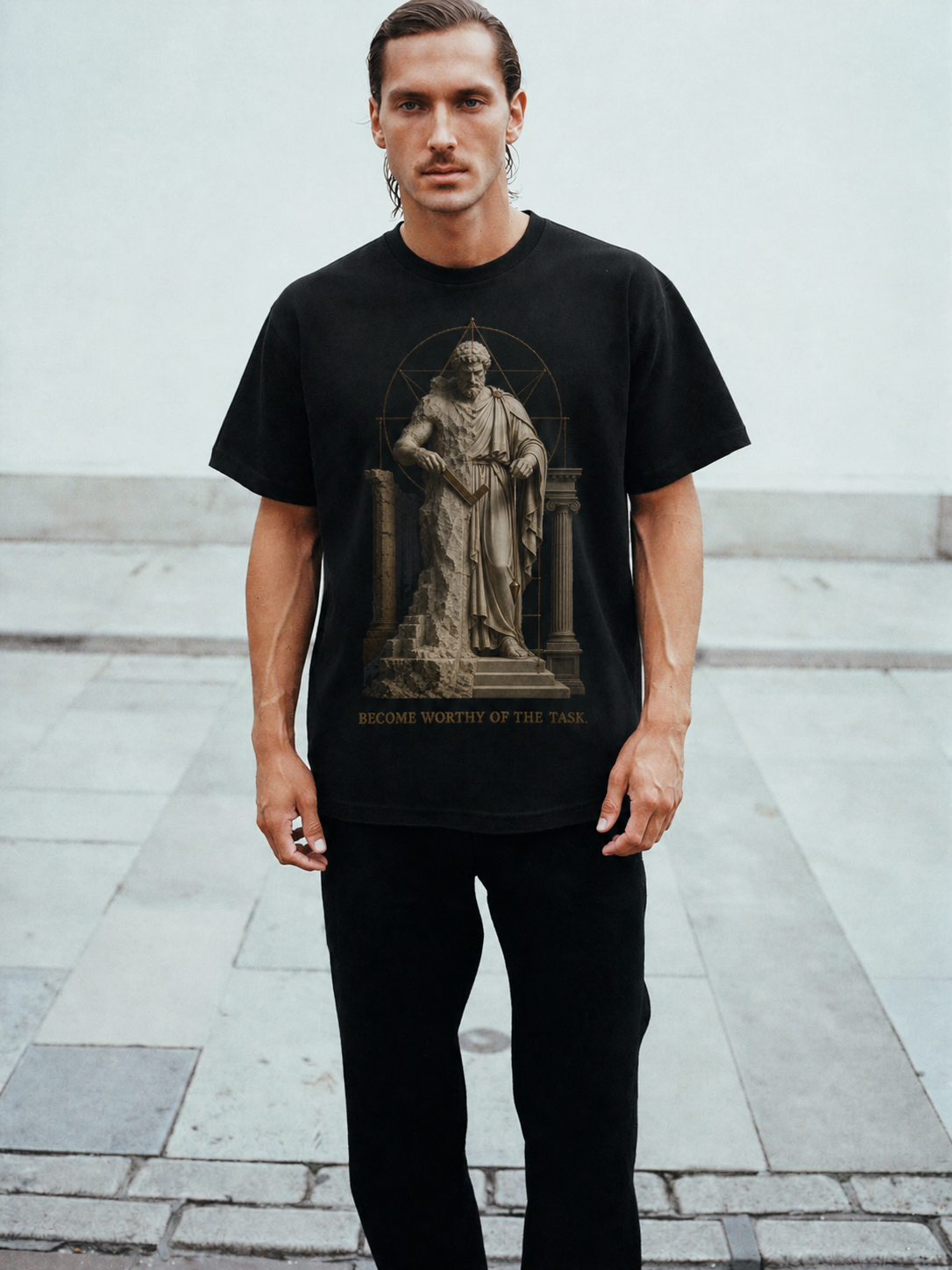 Arete Excellence Standard black T-shirt — male Athens lifestyle shot 02