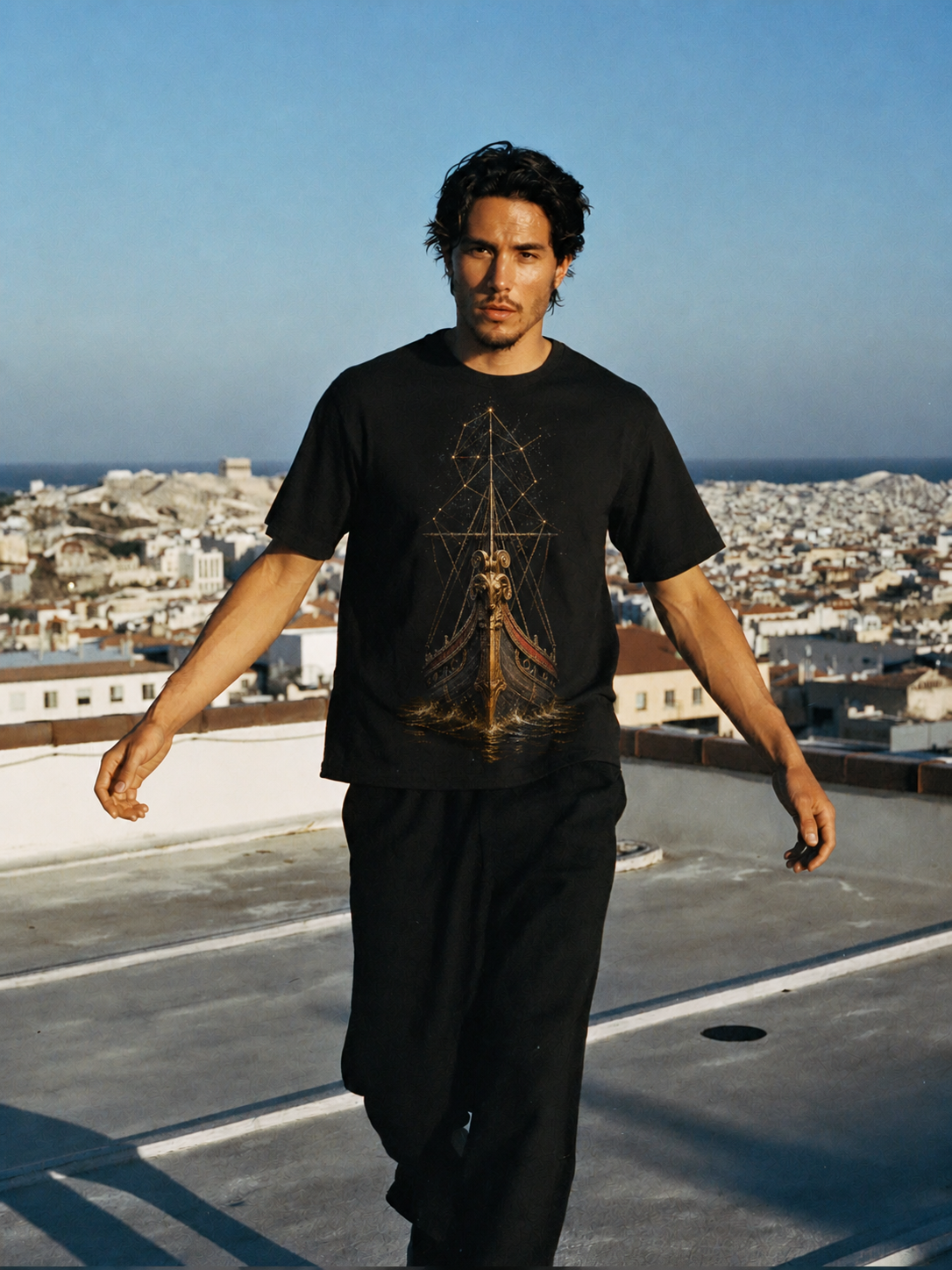 Argo Celestial Hull black T-shirt — male Athens lifestyle shot 02