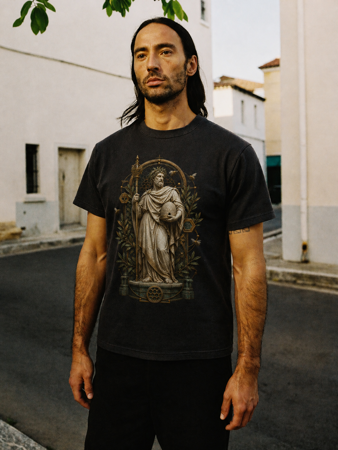 Aristaeus Hive Order black T-shirt — male Athens lifestyle shot 02