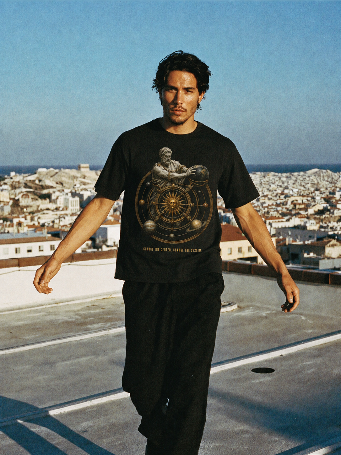 Aristarchus Center Shift T-Shirt — male lifestyle scene 2 in Athens