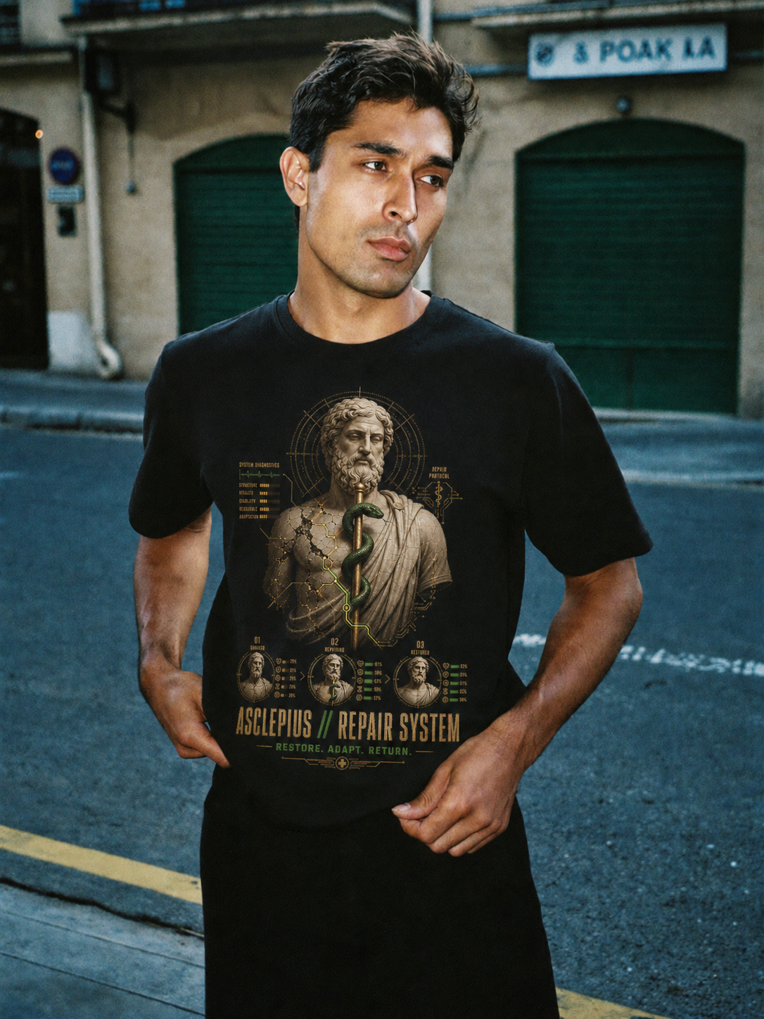 Asclepius Repair System black T-shirt — male Athens lifestyle shot 02