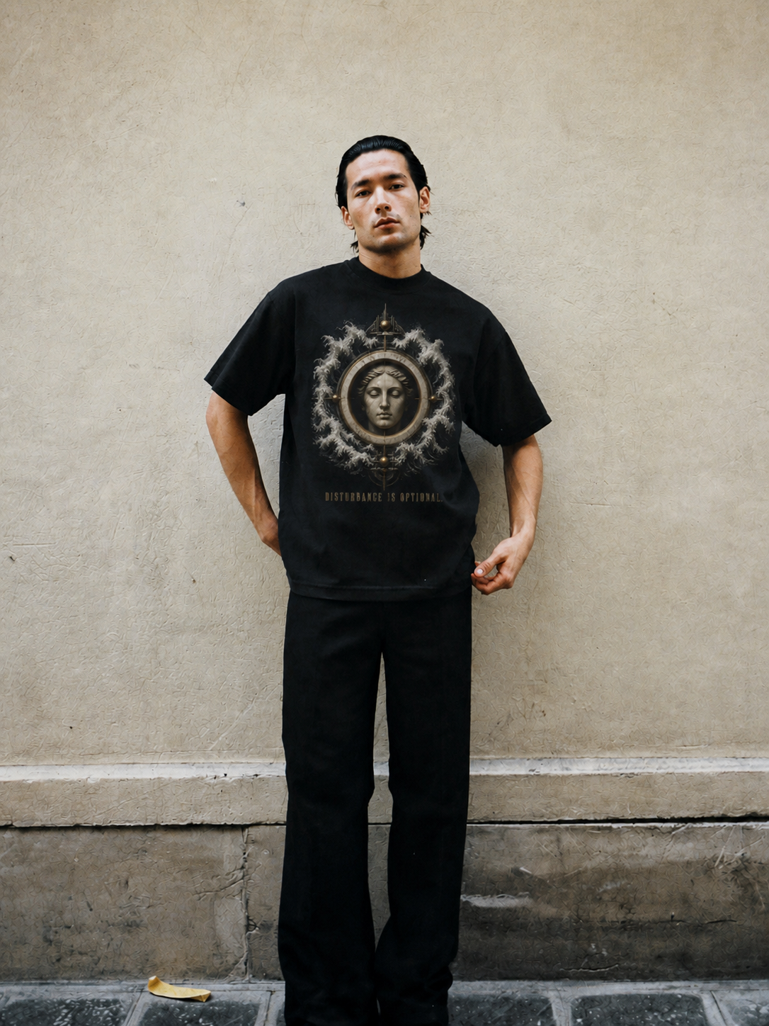 Ataraxia Quiet State black T-shirt — male Athens lifestyle shot 02