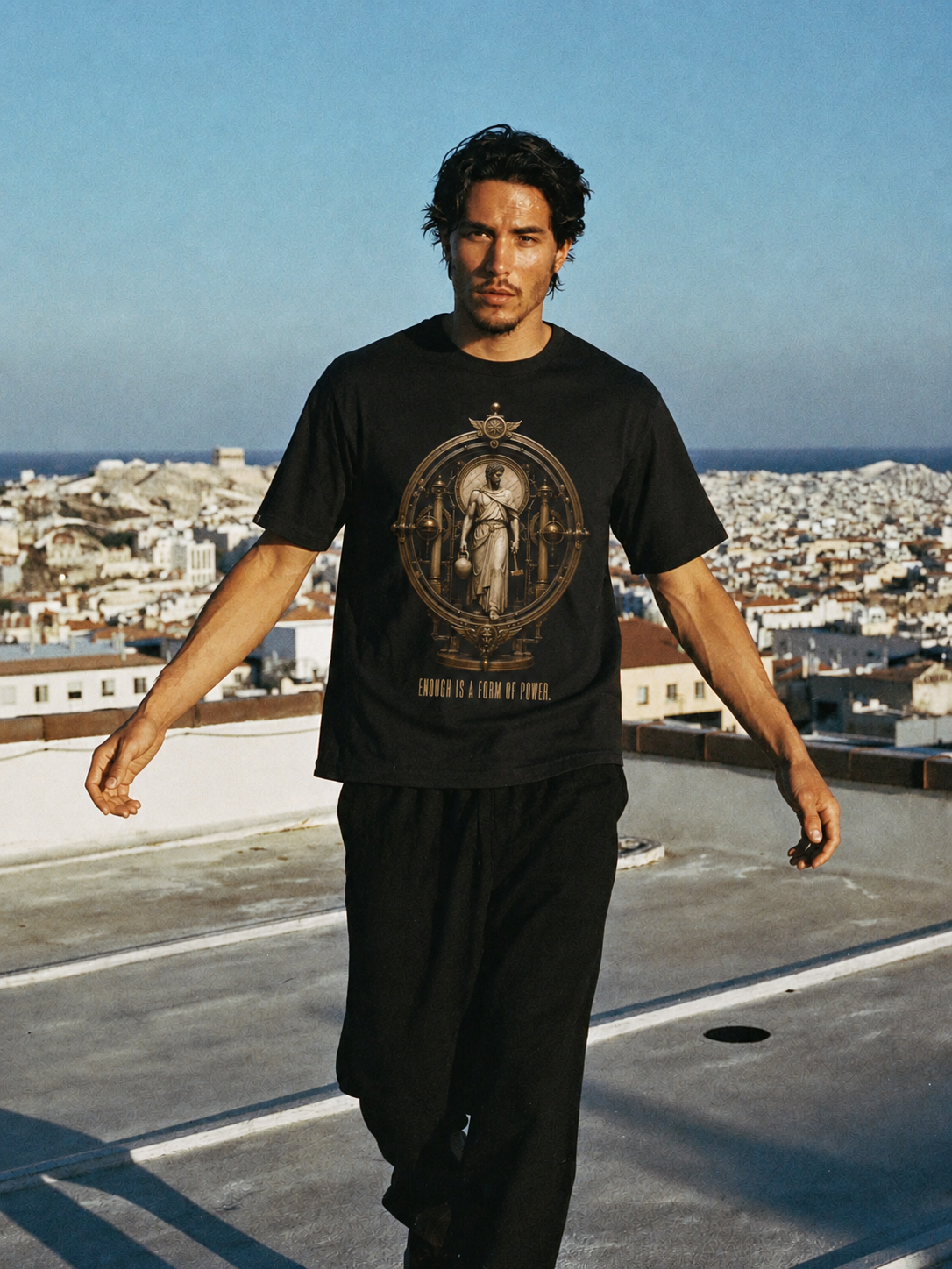 Autarkeia Independent State black T-shirt — male Athens lifestyle shot 02