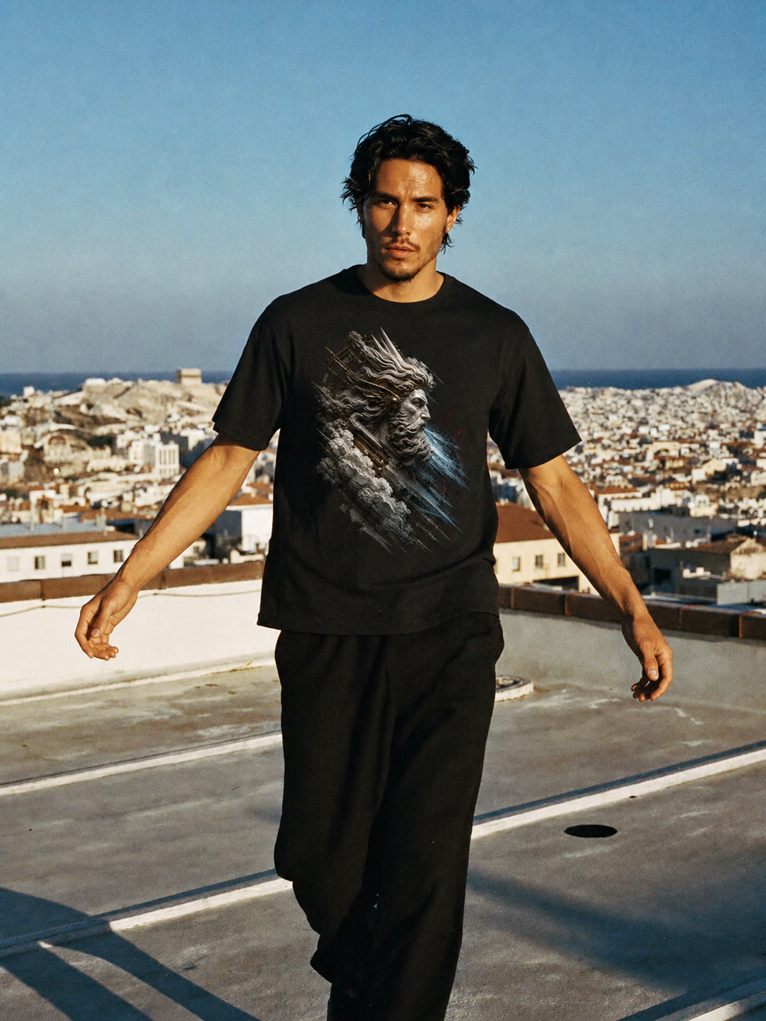 Boreas North Current black T-shirt — male Athens lifestyle shot 02