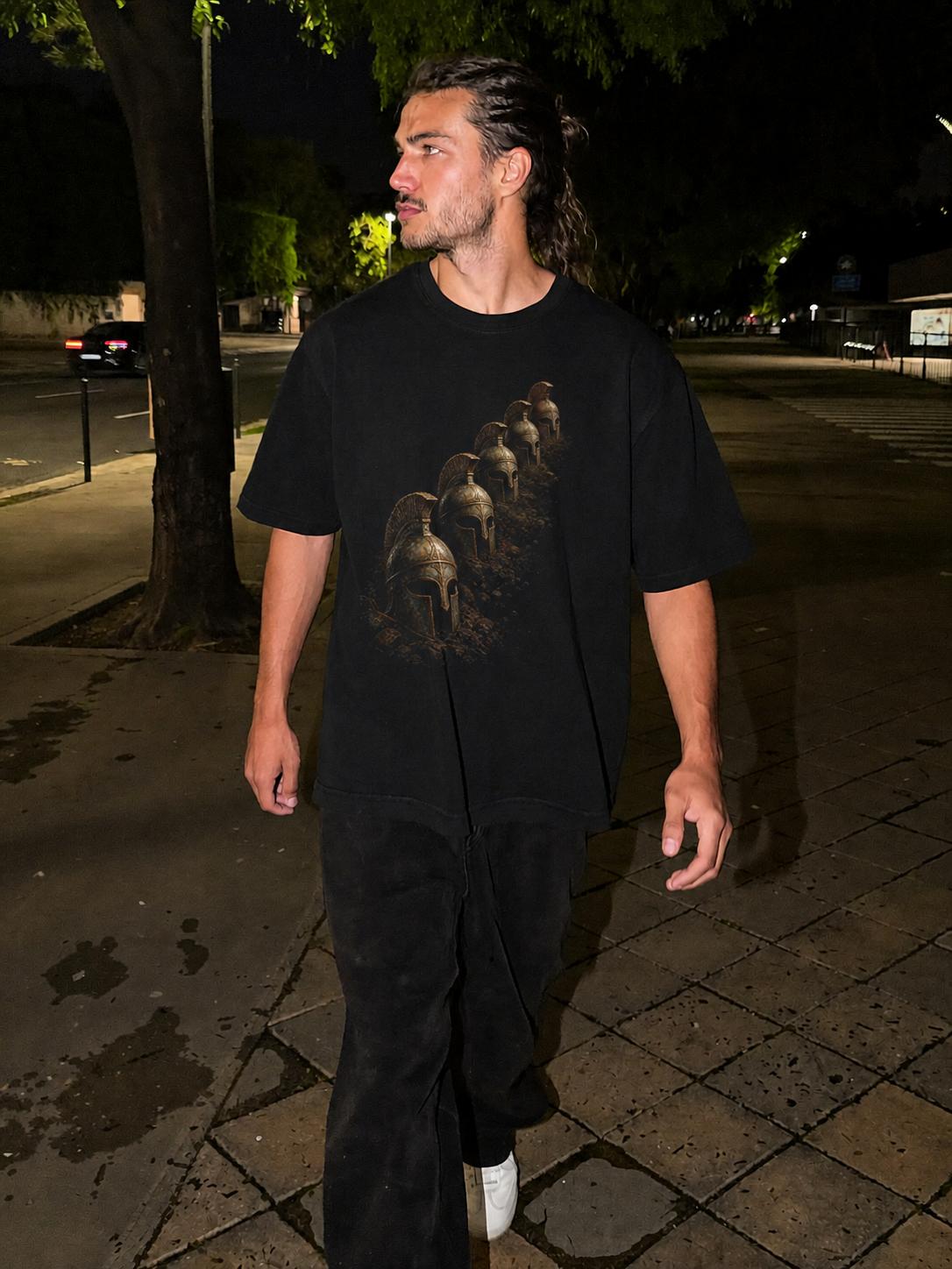 Cadmus Sown Warriors black T-shirt — male Athens lifestyle shot 02