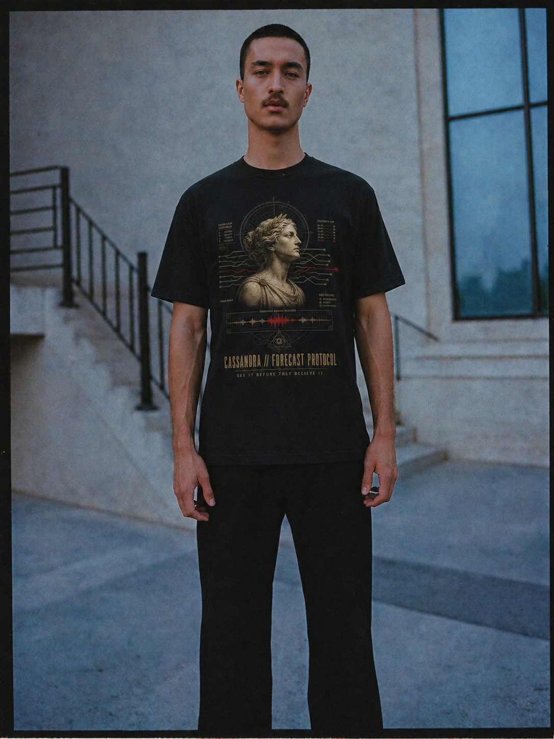Cassandra Forecast Protocol black T-shirt — male Athens lifestyle shot 02