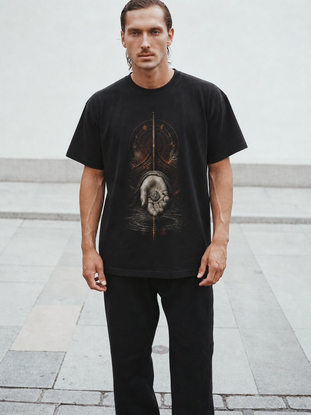 Charon's Obol black T-shirt — male Athens lifestyle shot 02