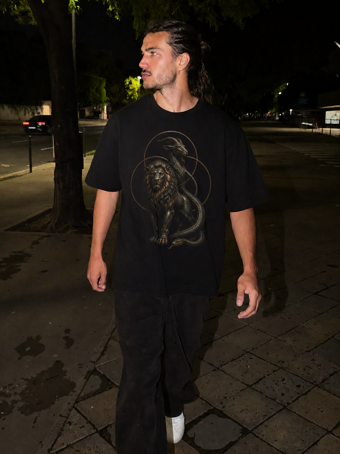 Chimera Tri-Form black T-shirt — male Athens lifestyle shot 02