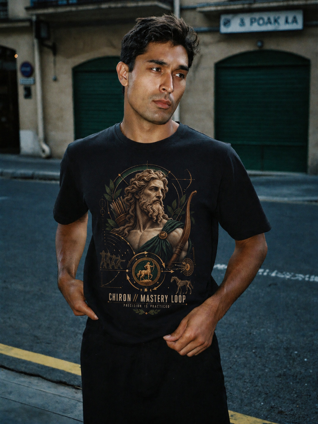Chiron Mastery Loop black T-shirt — male Athens lifestyle shot 02