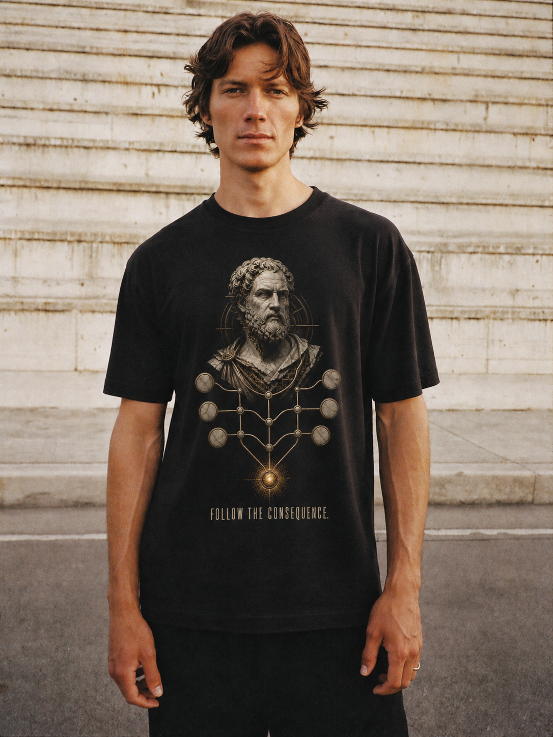 Chrysippus Logic Mesh black T-shirt — male Athens lifestyle shot 02