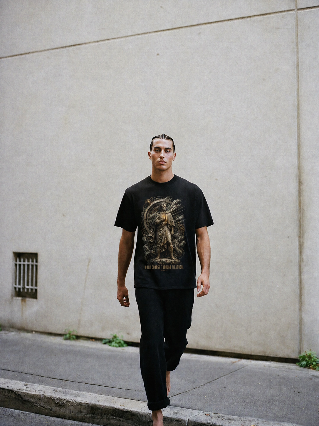 Cleanthes Inner Fire black T-shirt — male Athens lifestyle shot 02