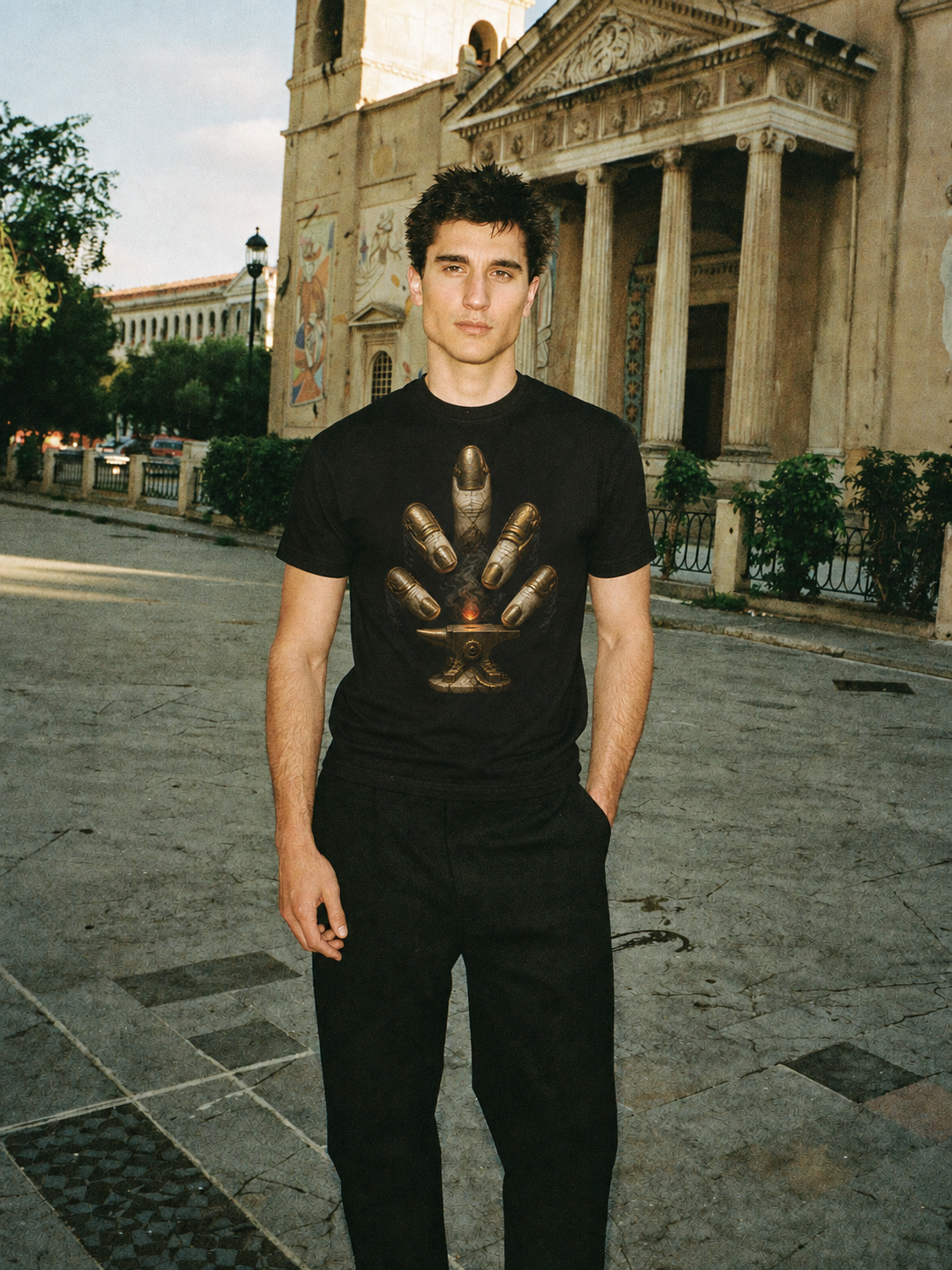 Cretan Dactyl Hand Forge black T-shirt — male Athens lifestyle shot 02