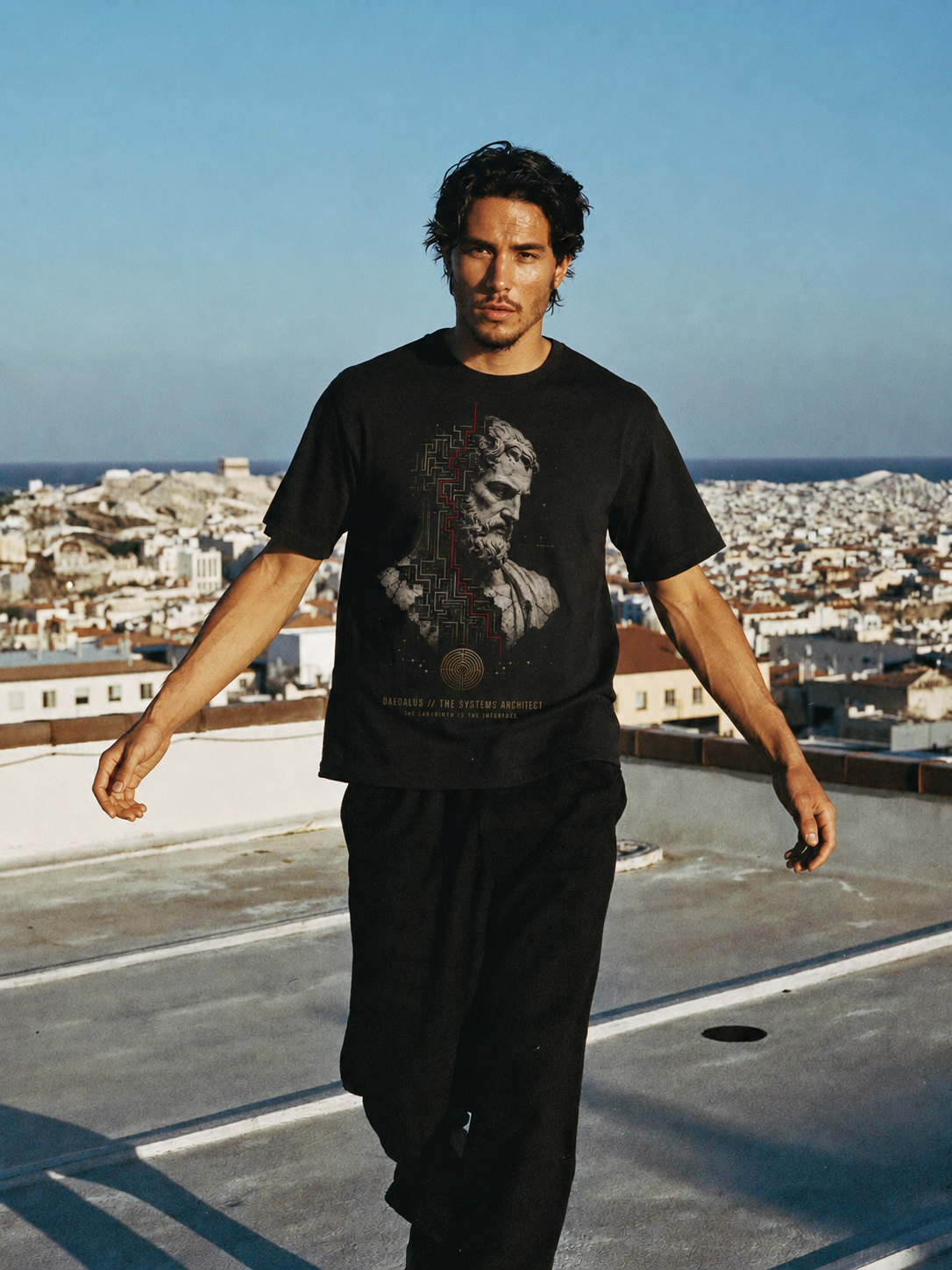 Daedalus Systems Architect black T-shirt — male Athens ImageGen lifestyle view 2