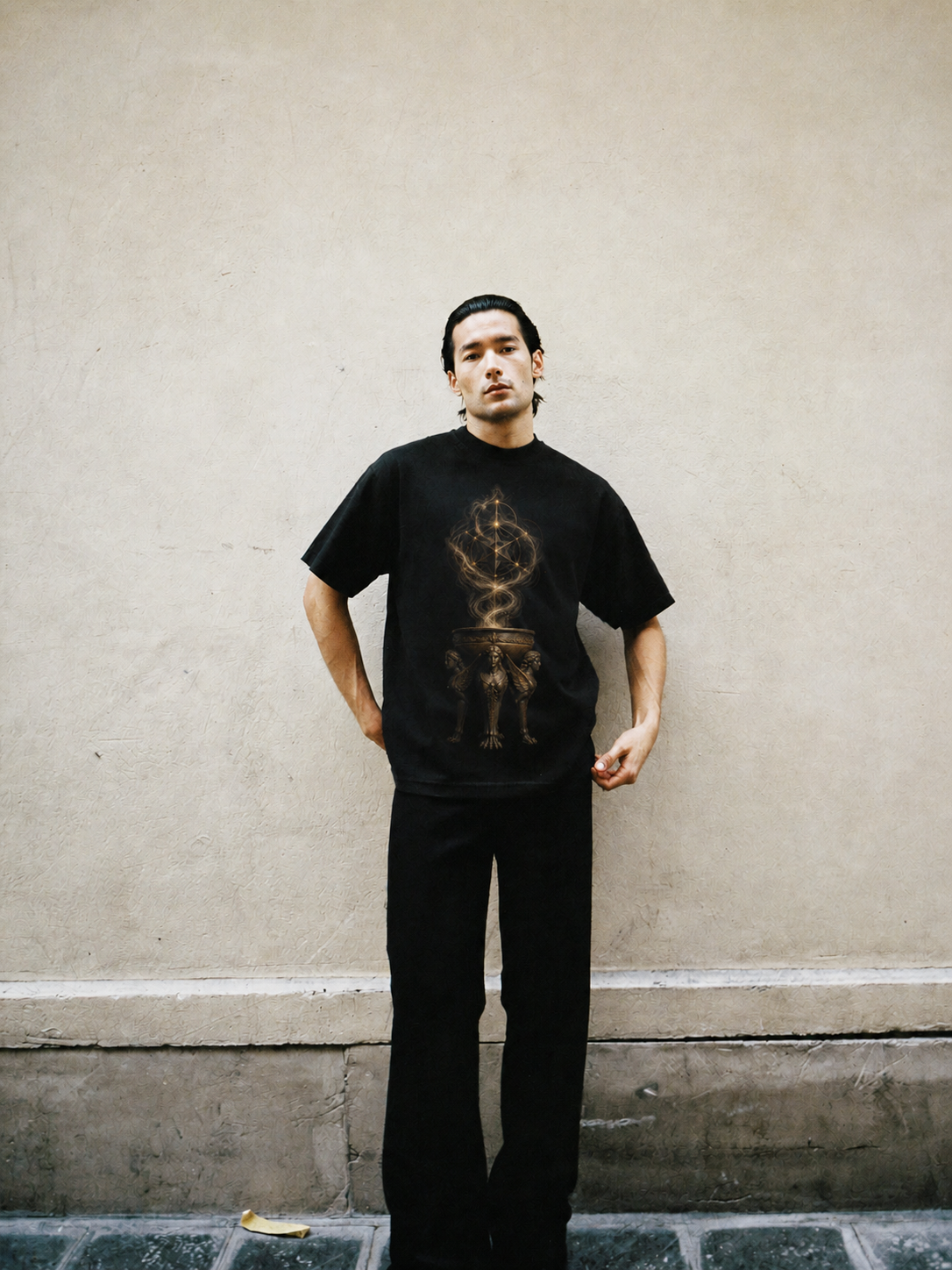 Delphic Tripod black T-shirt — male Athens lifestyle shot 02