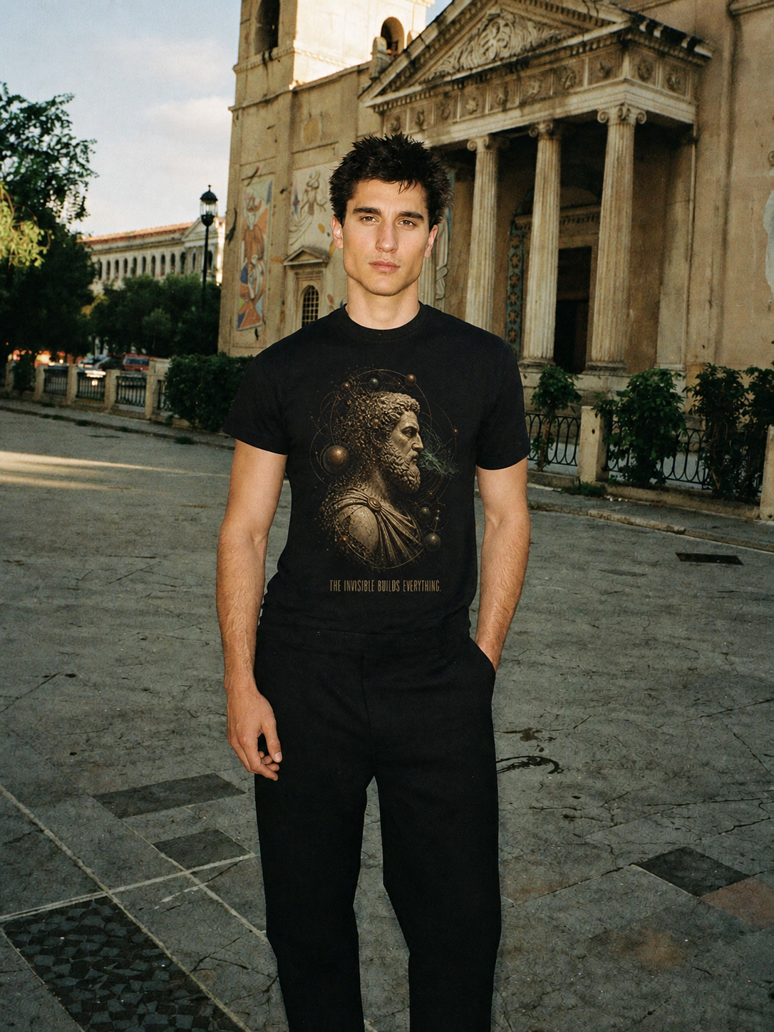 Democritus Atomic Field black T-shirt — male Athens lifestyle shot 02