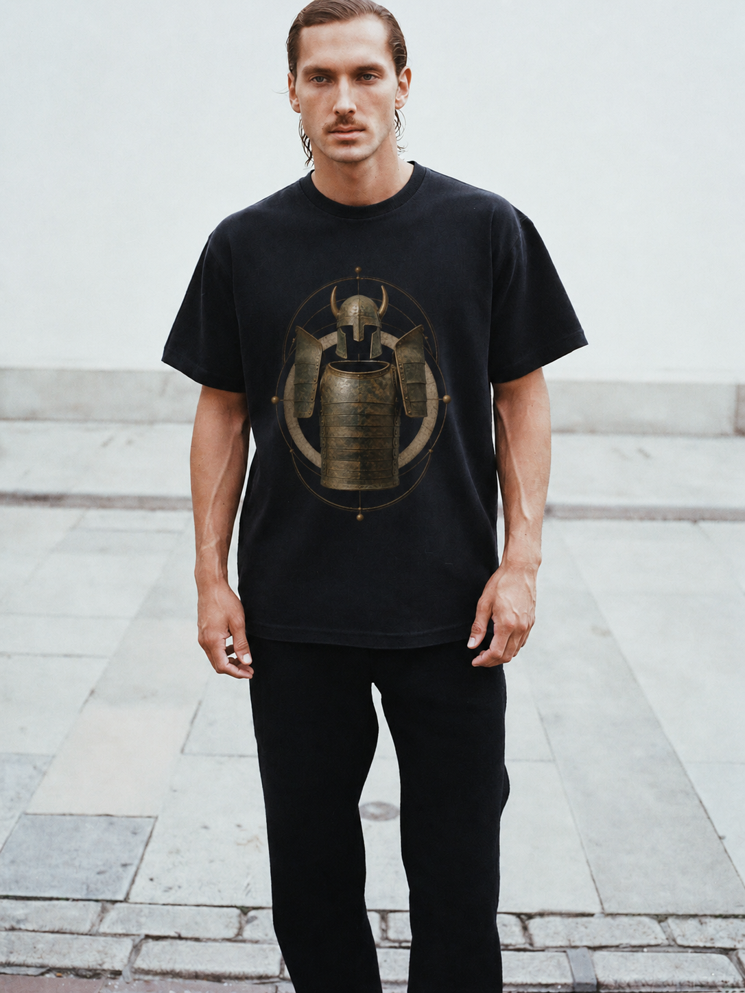 Dendra Bronze Shell black T-shirt — male Athens lifestyle shot 02