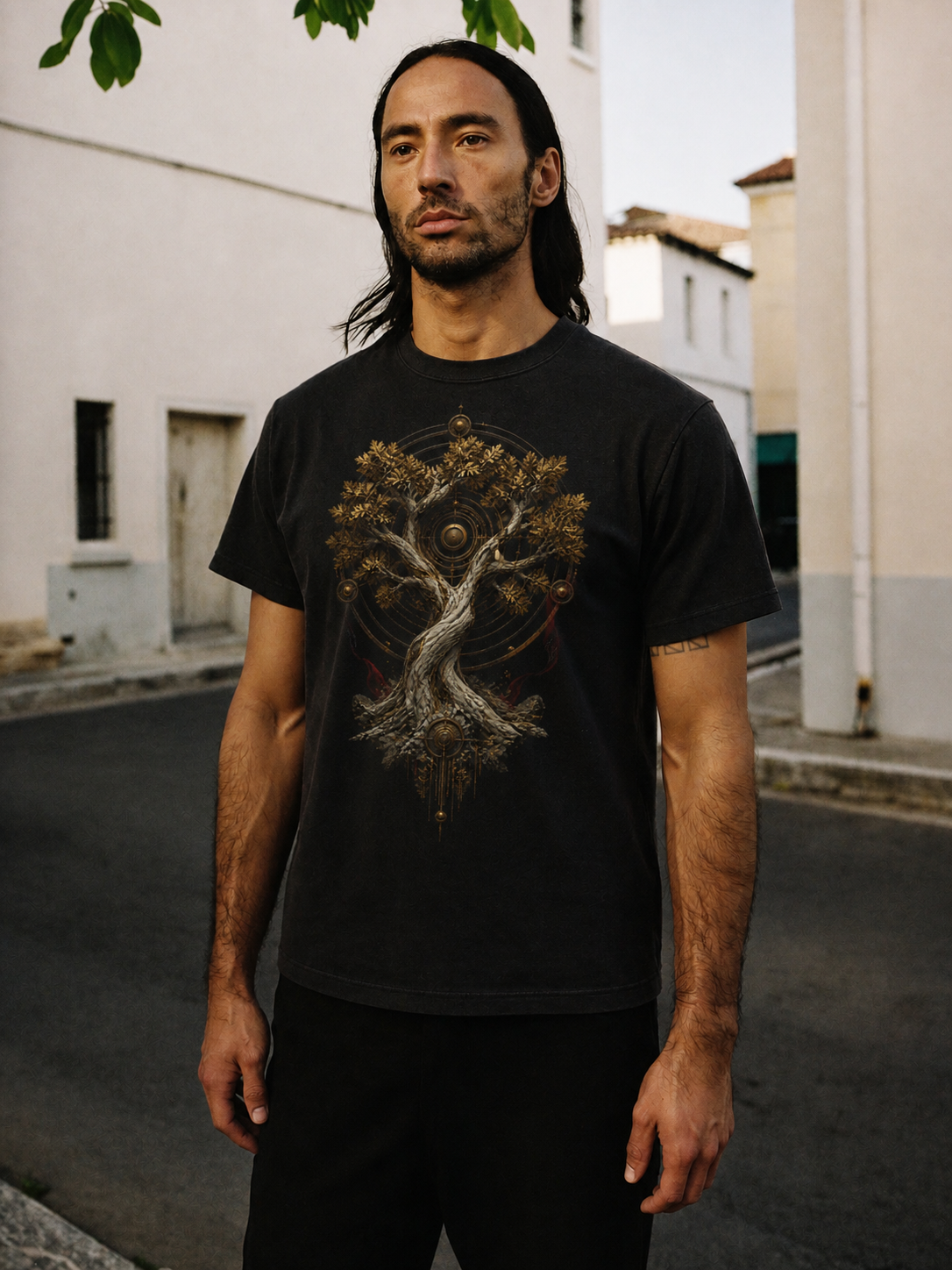 Dodona Sacred Oak black T-shirt — male Athens lifestyle shot 02
