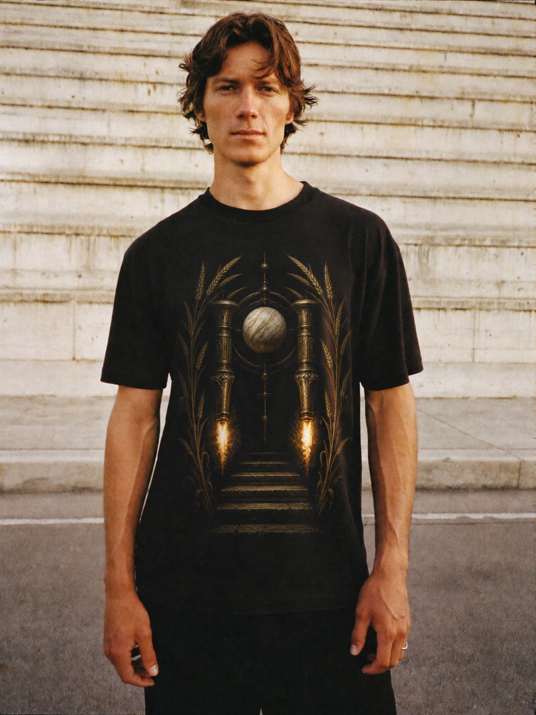 Eleusinian Torch Descent black T-shirt — male Athens lifestyle shot 02