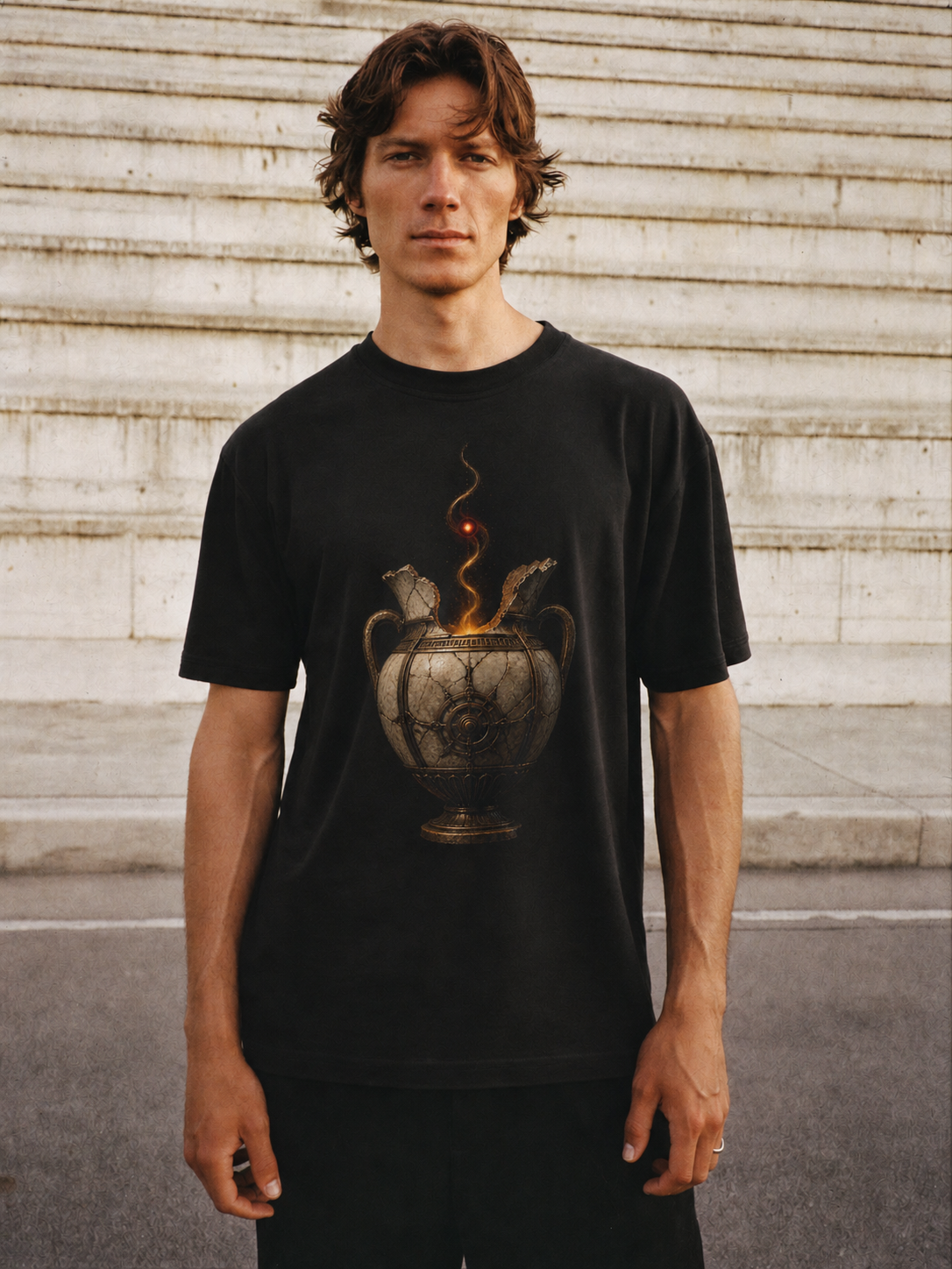 Elpis Last Ember black T-shirt — male Athens lifestyle shot 02