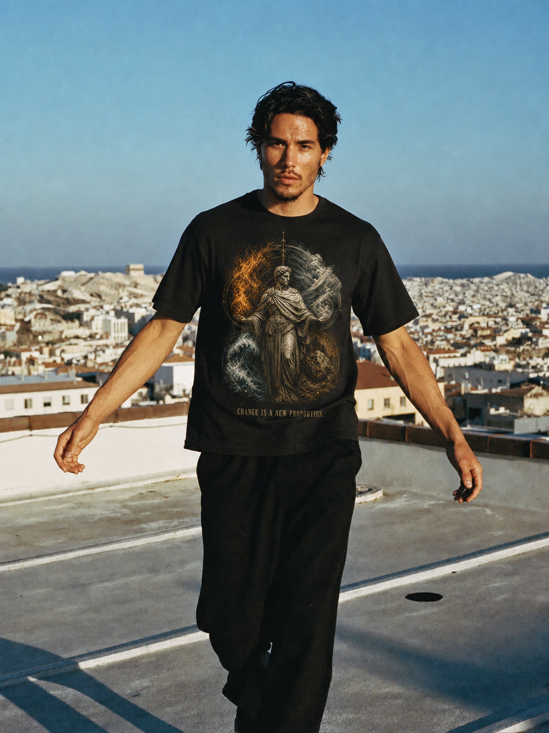 Empedocles Four Roots black T-shirt — male Athens lifestyle shot 02