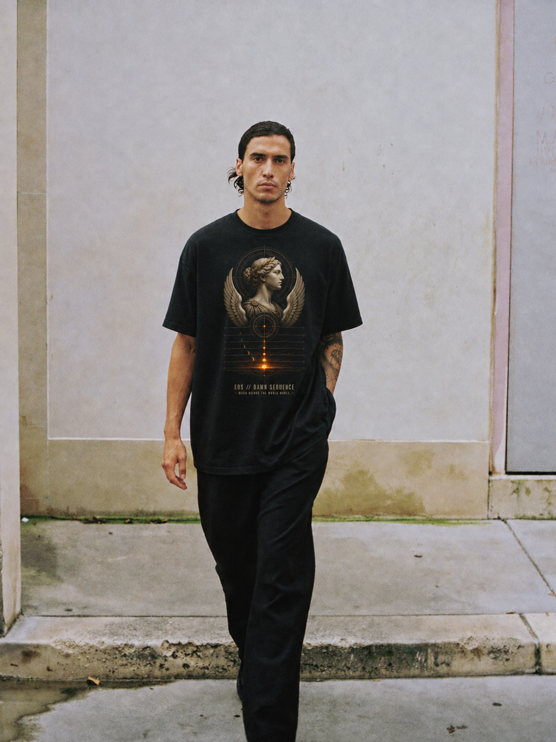 Eos Dawn Sequence black T-shirt — male Athens lifestyle shot 02
