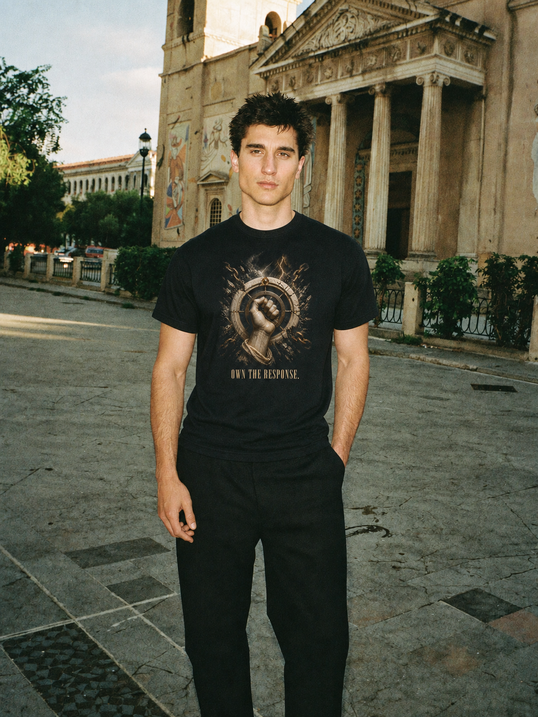 Epictetus Control Boundary black T-shirt — male Athens lifestyle shot 02