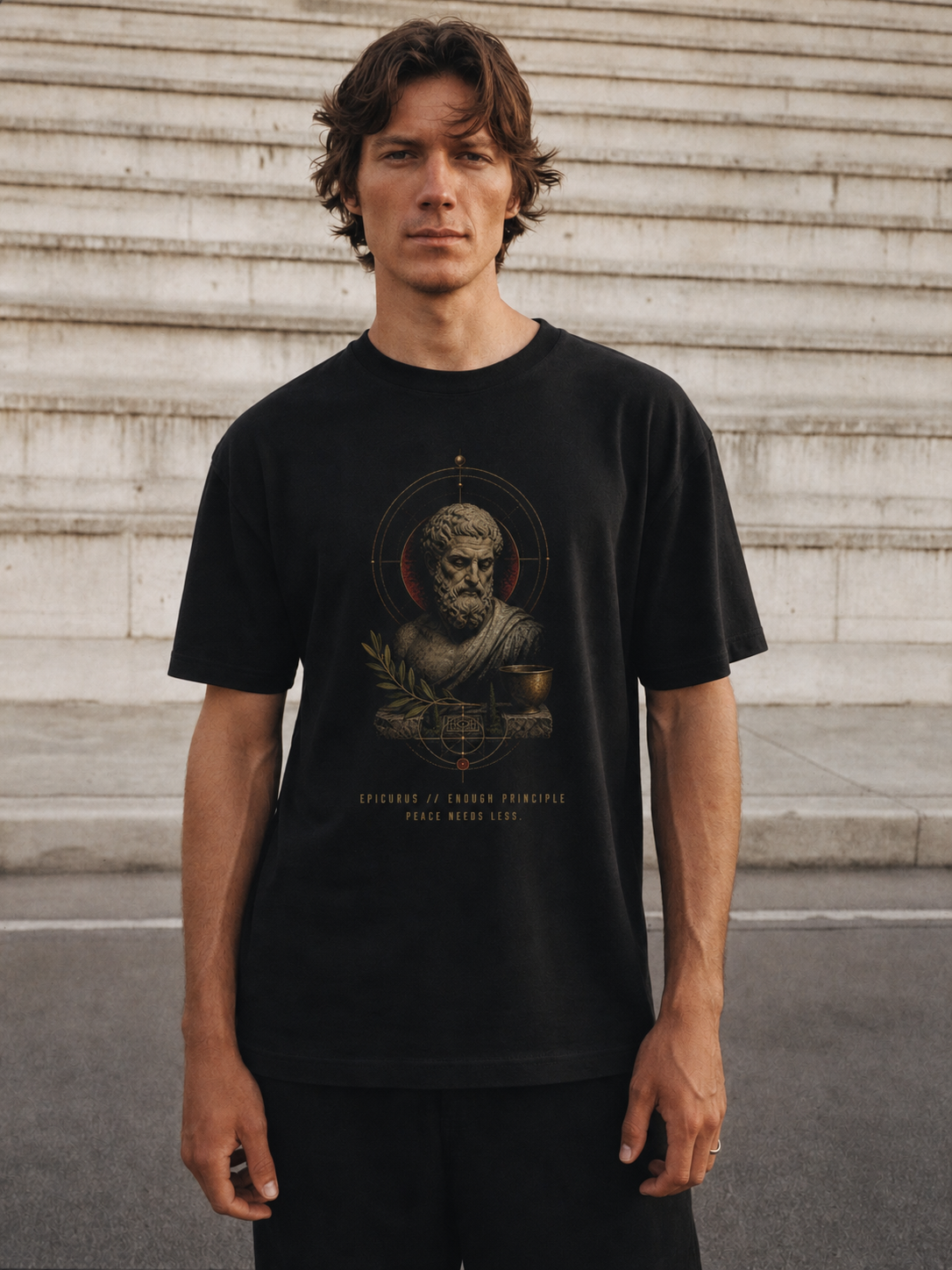 Epicurus Enough Principle black T-shirt — male Athens lifestyle shot 02