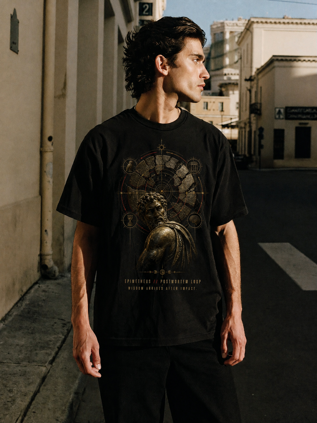Epimetheus Postmortem Loop black T-shirt — male Athens lifestyle shot 02