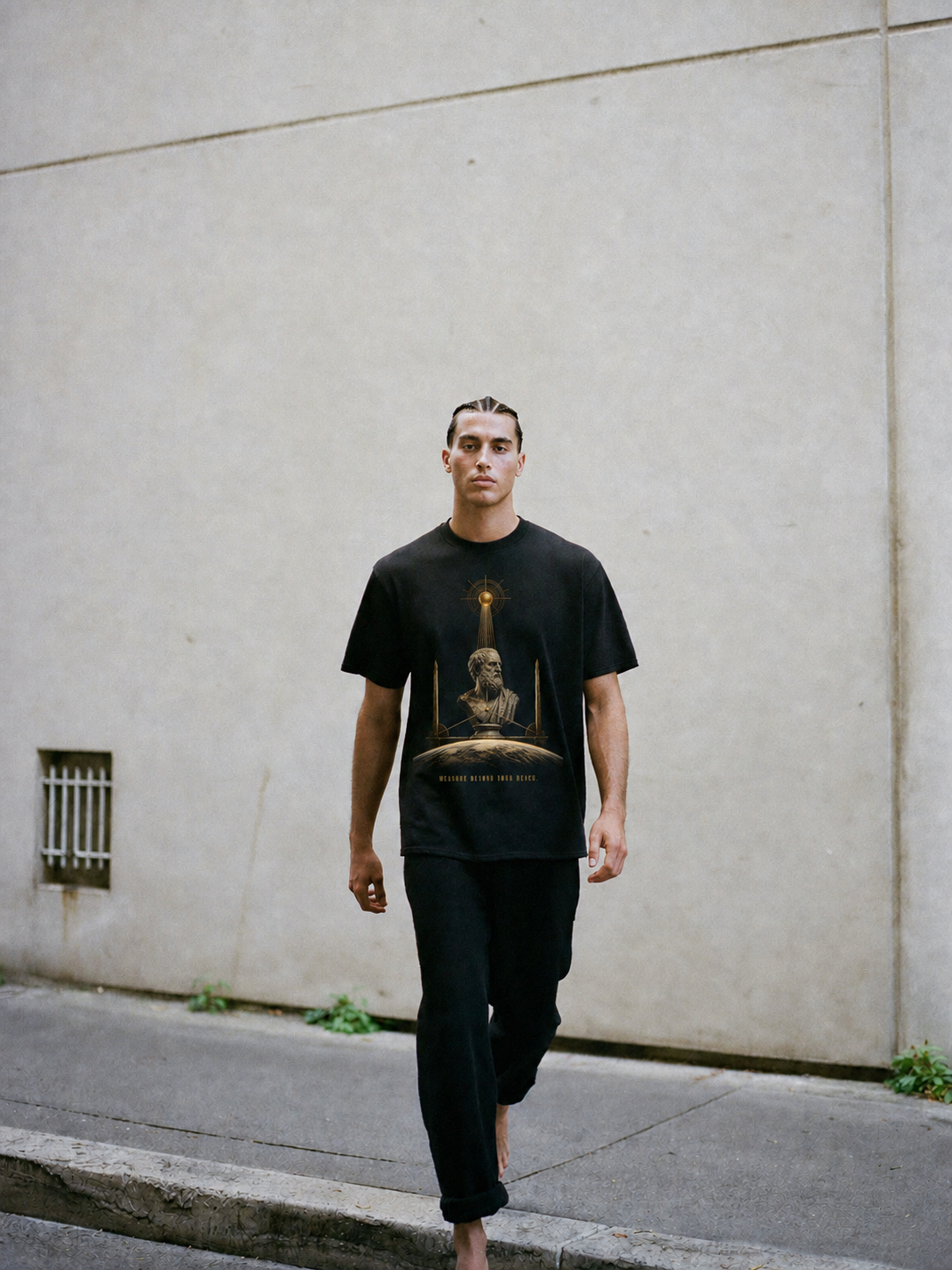 Eratosthenes Shadow Measure T-Shirt — male lifestyle scene 2 in Athens