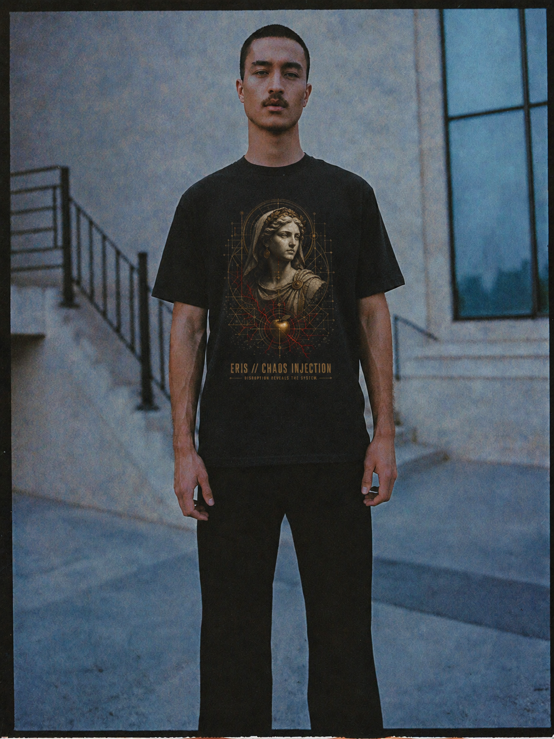 Eris Chaos Injection black T-shirt — male Athens lifestyle shot 02