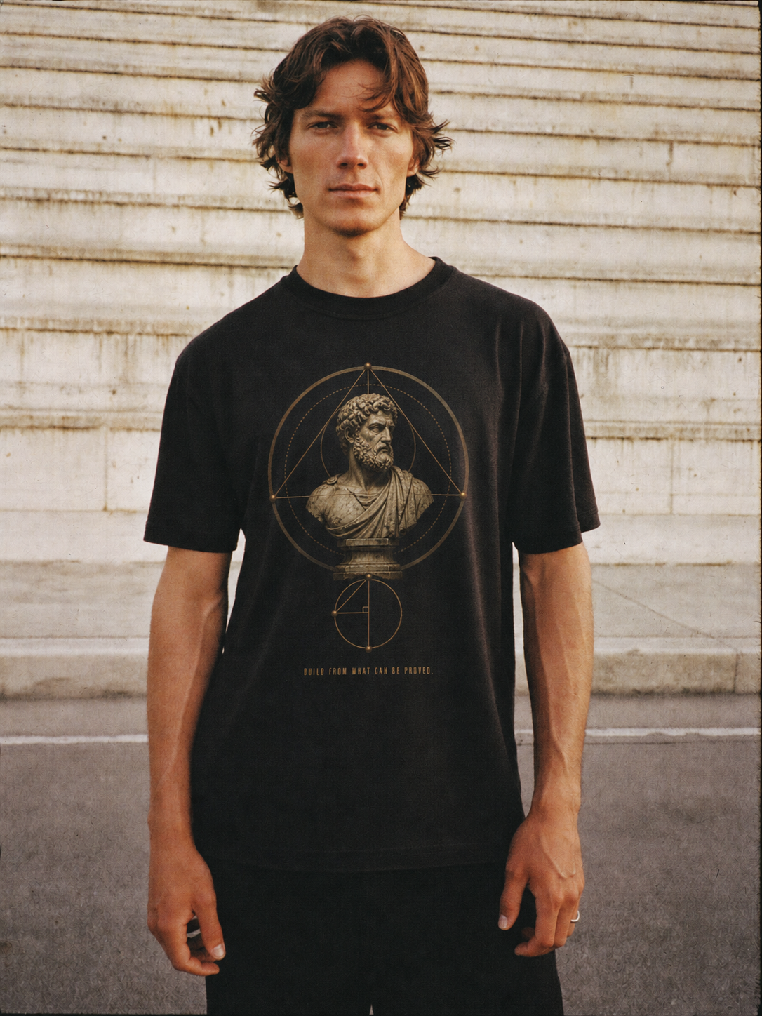 Euclid Proof Architecture T-Shirt — male lifestyle scene 2 in Athens