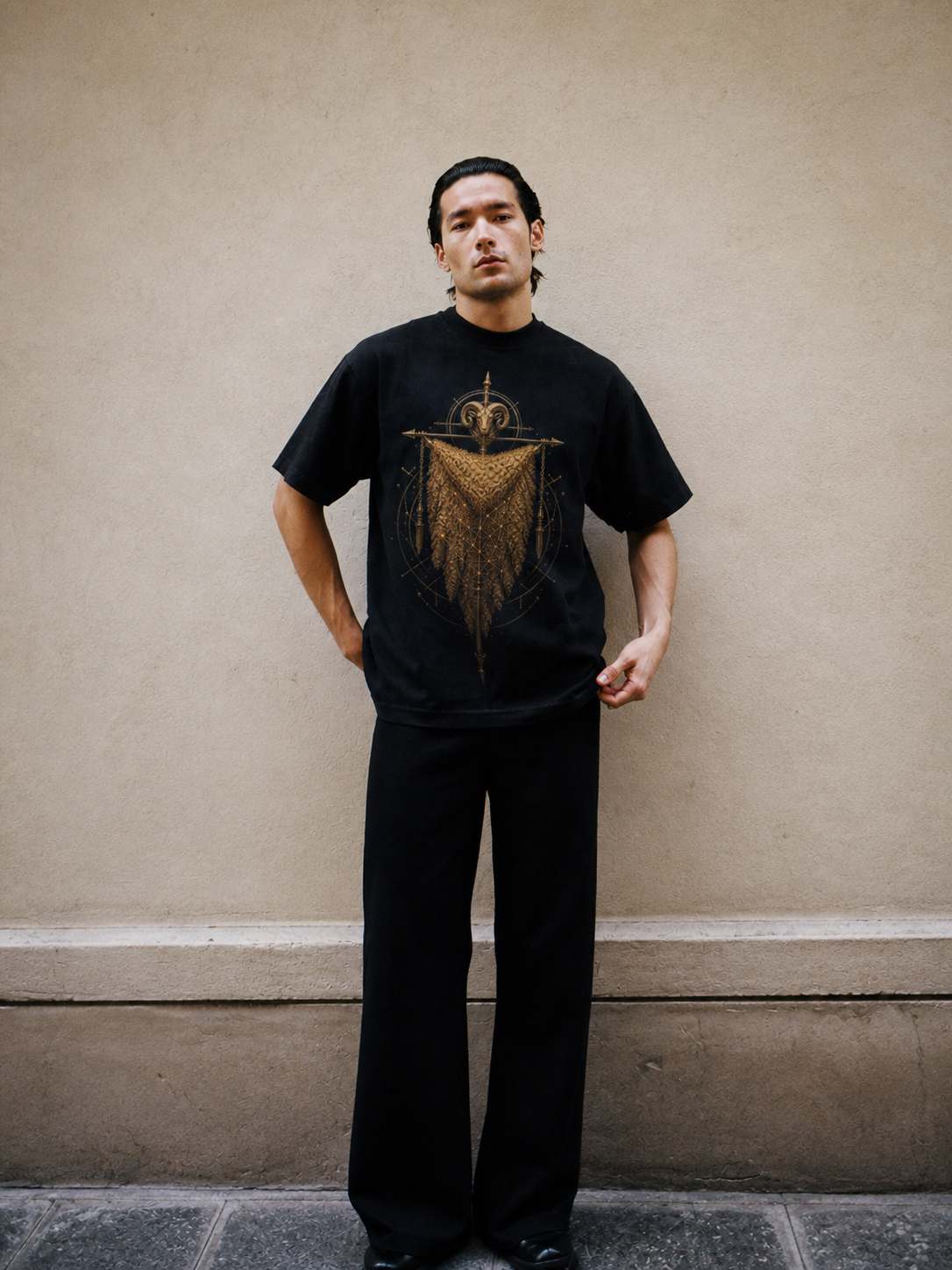 Golden Fleece Relic black T-shirt — male Athens lifestyle shot 02
