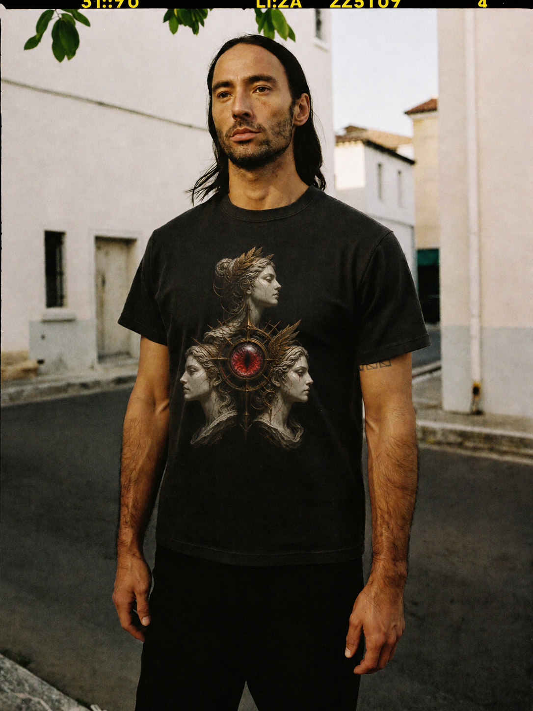 Graeae Shared Eye black T-shirt — male Athens lifestyle shot 02