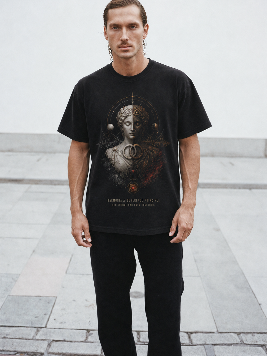 Harmonia Coherence Principle black T-shirt — male Athens lifestyle shot 02