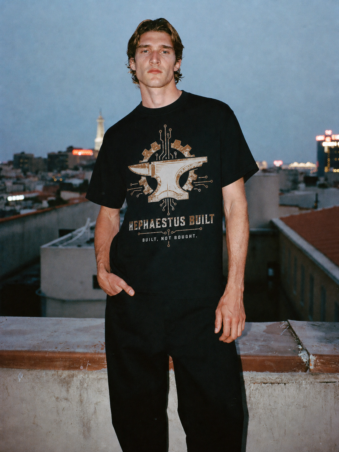 Hephaestus Built black T-shirt — male Athens lifestyle view 2