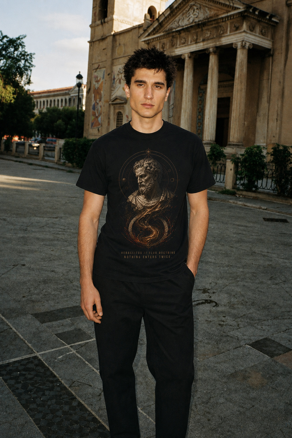 Heraclitus Flux Doctrine black T-shirt — male Athens lifestyle shot 02