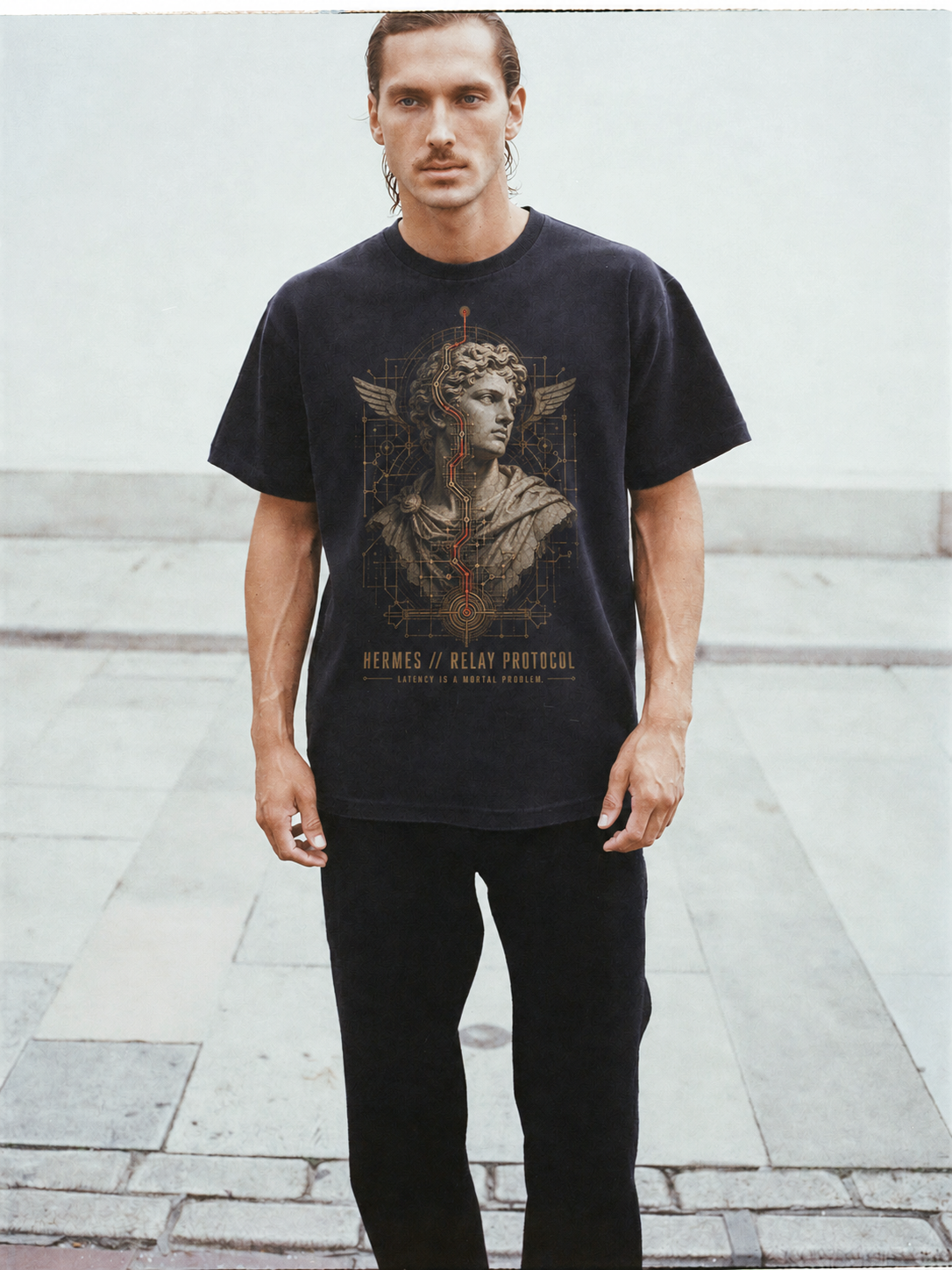 Hermes Relay Protocol black T-shirt — male Athens lifestyle shot 02