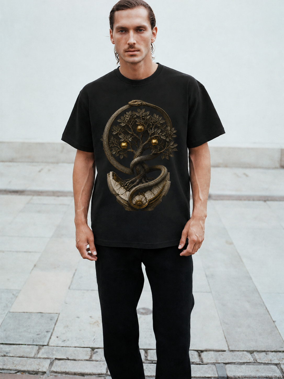 Hesperides Golden Orchard black T-shirt — male Athens lifestyle shot 02
