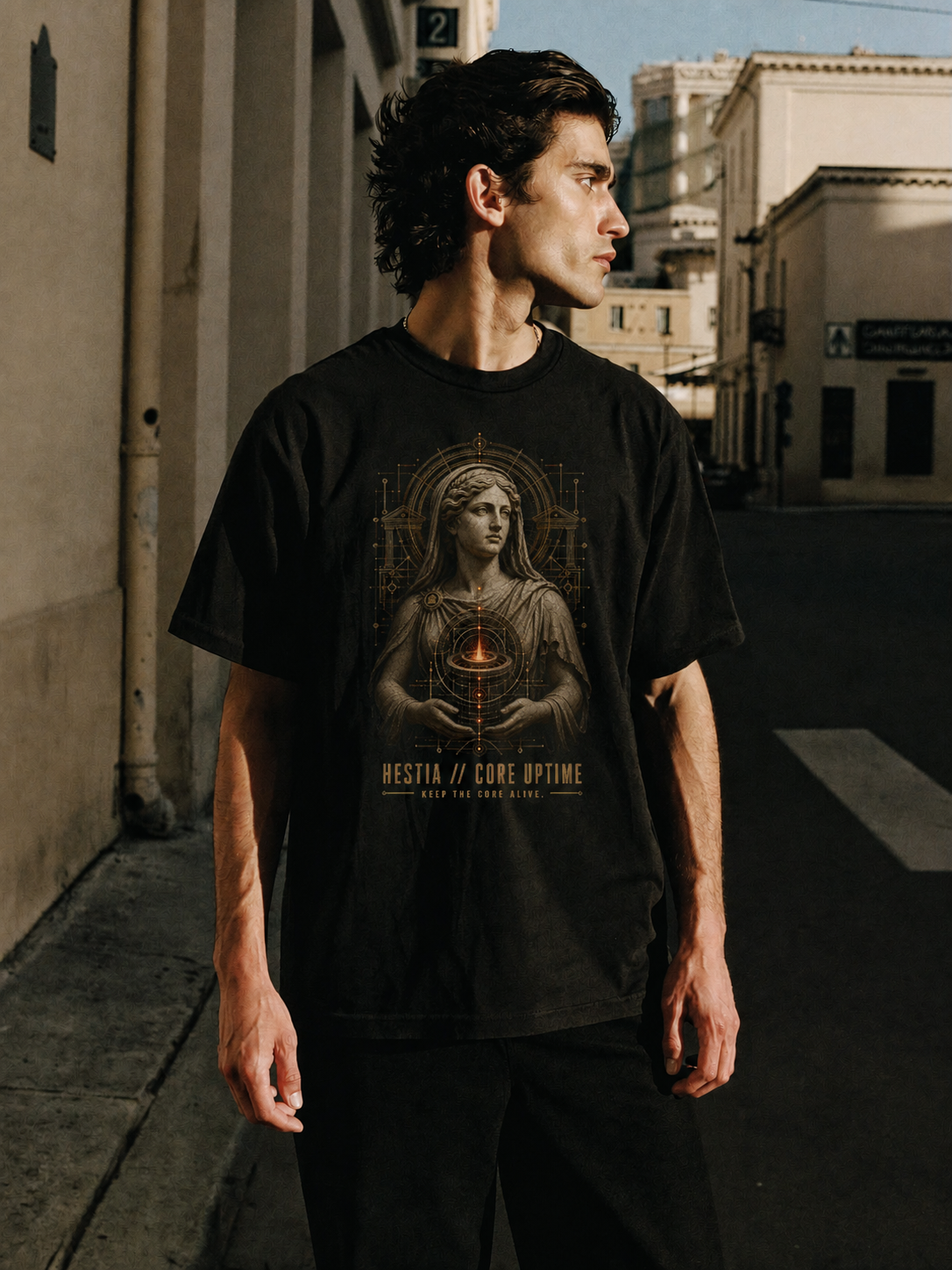 Hestia Core Uptime black T-shirt — male Athens lifestyle shot 02