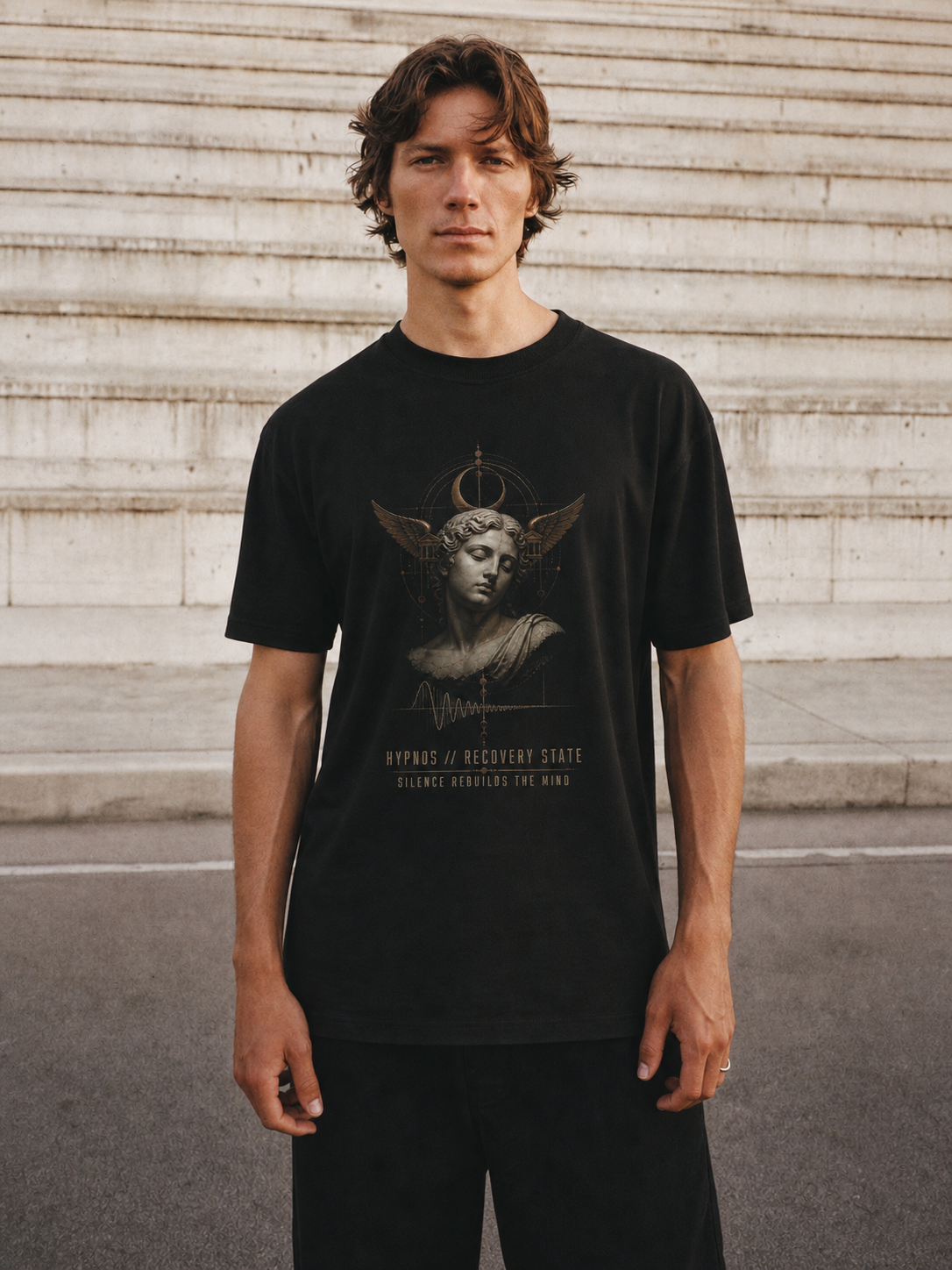 Hypnos Recovery State black T-shirt — male Athens lifestyle shot 02