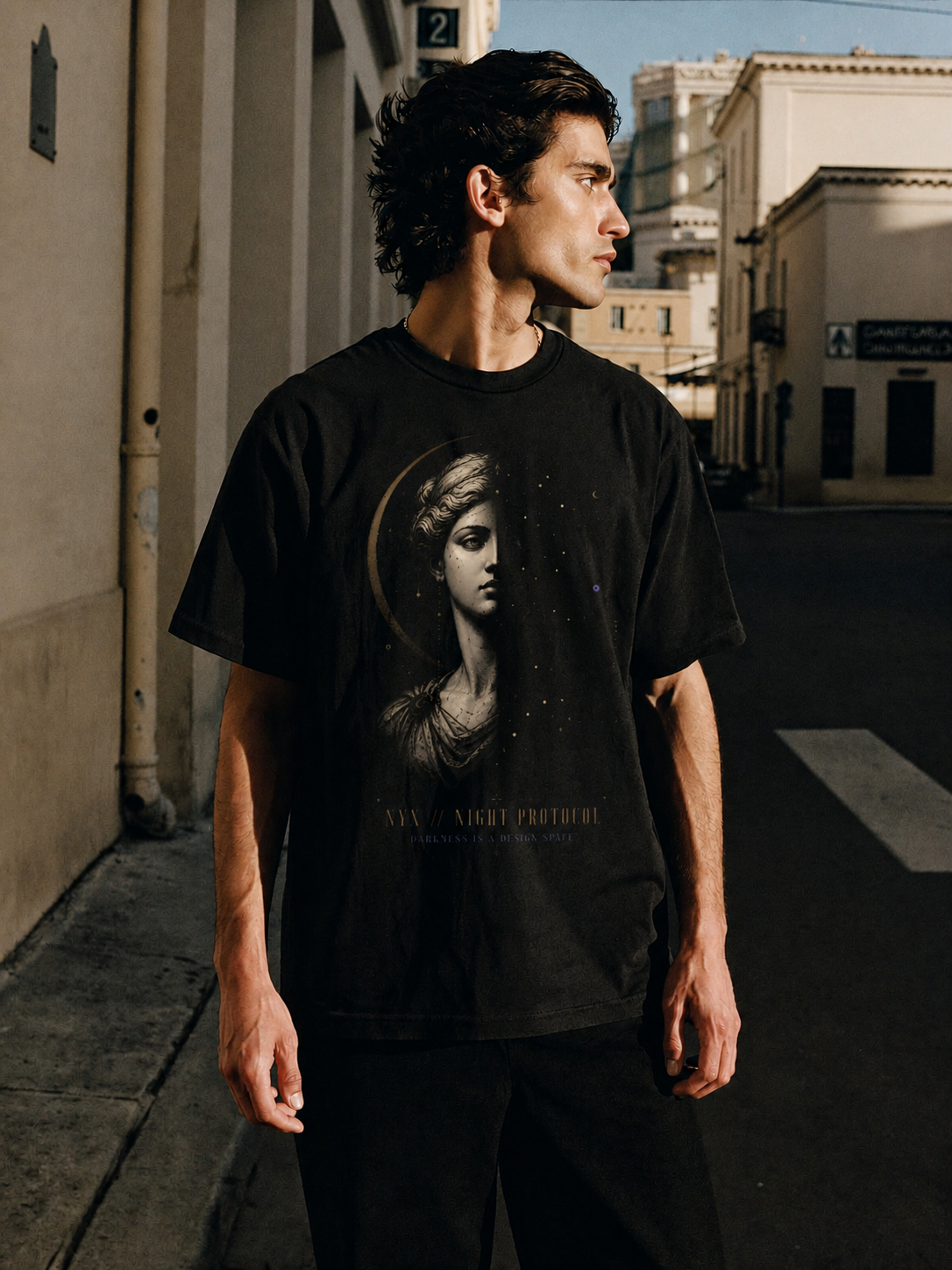 Nyx Night Protocol black T-shirt — male Athens lifestyle view 2