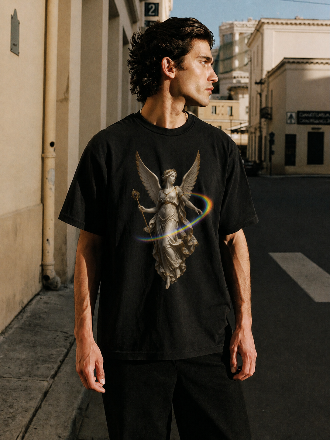 Iris Prism Arc black T-shirt — male Athens lifestyle shot 02