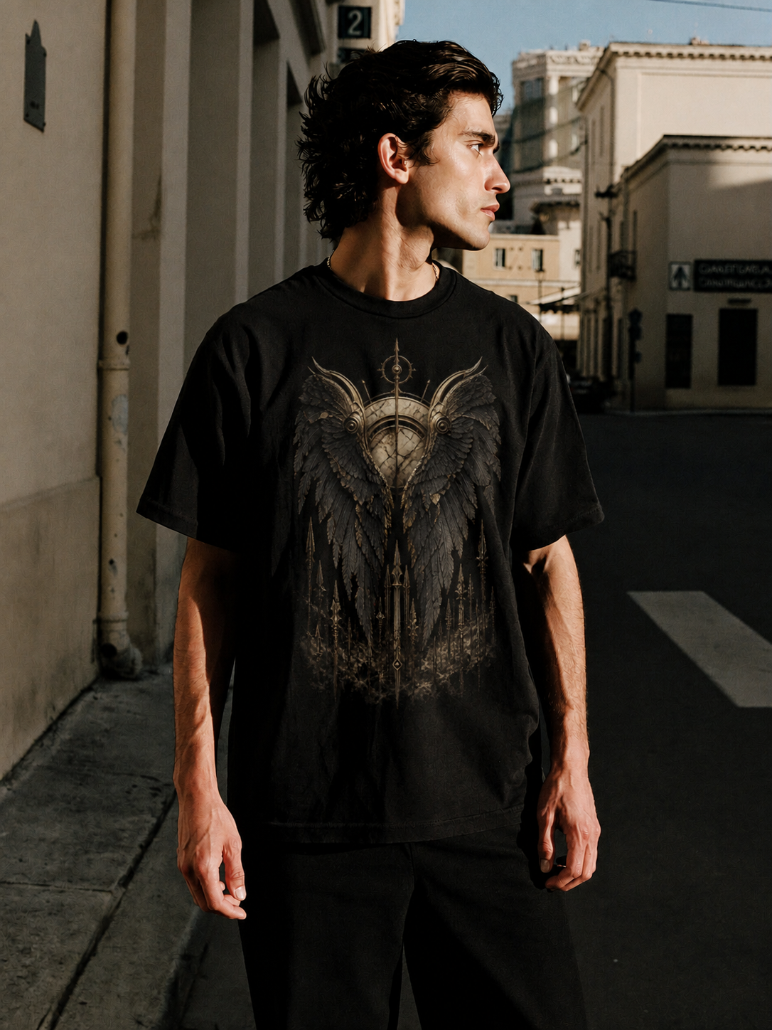 Keres Black Wings black T-shirt — male Athens lifestyle shot 02